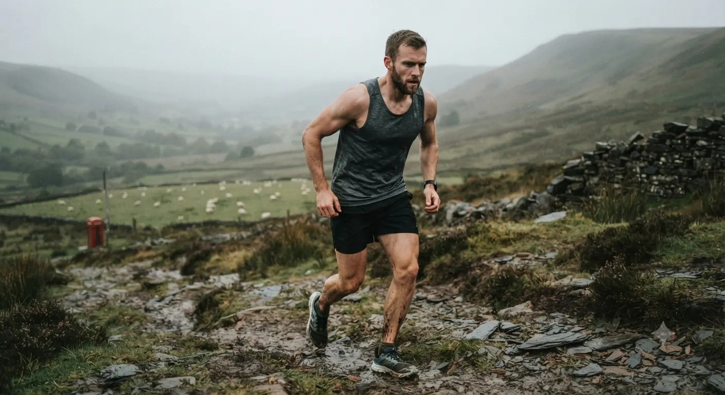 Man running on a trail through a peak, symbolizing the freedom of movement after deep tissue massage