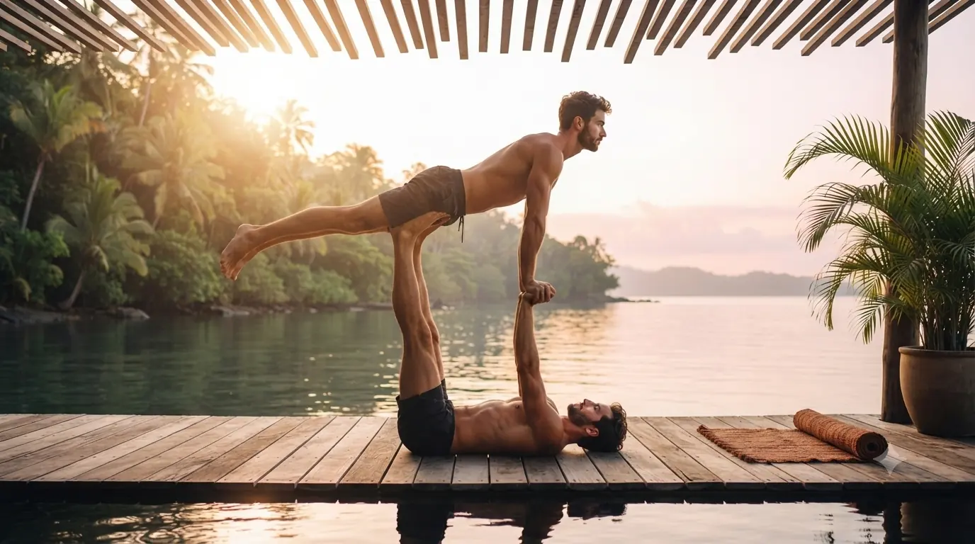 Two men practicing yoga together, symbolizing the flow and connection of Lomi Lomi massage