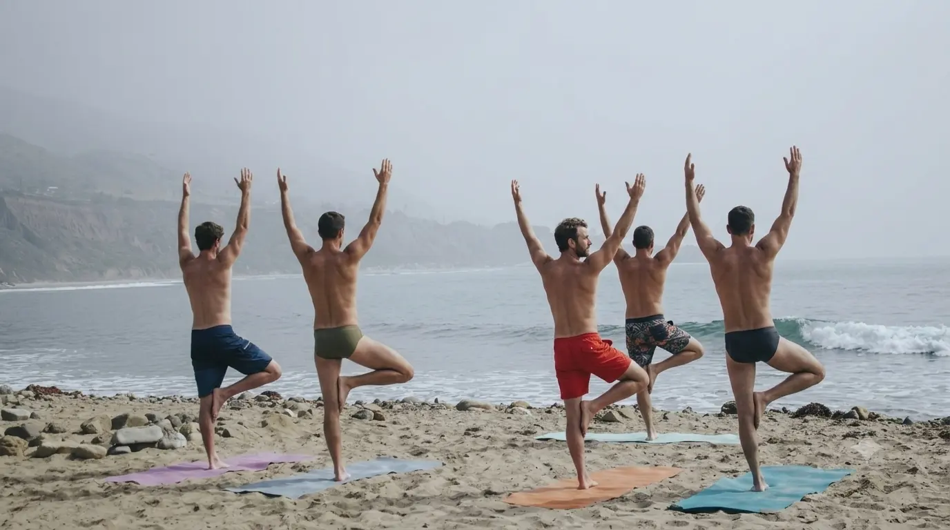 Five men practicing yoga together, symbolizing the diversity of massage styles and client needs